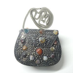 Metal Filigree Purse Clutch With Agate Stones Natural Vintage Boho Sajai